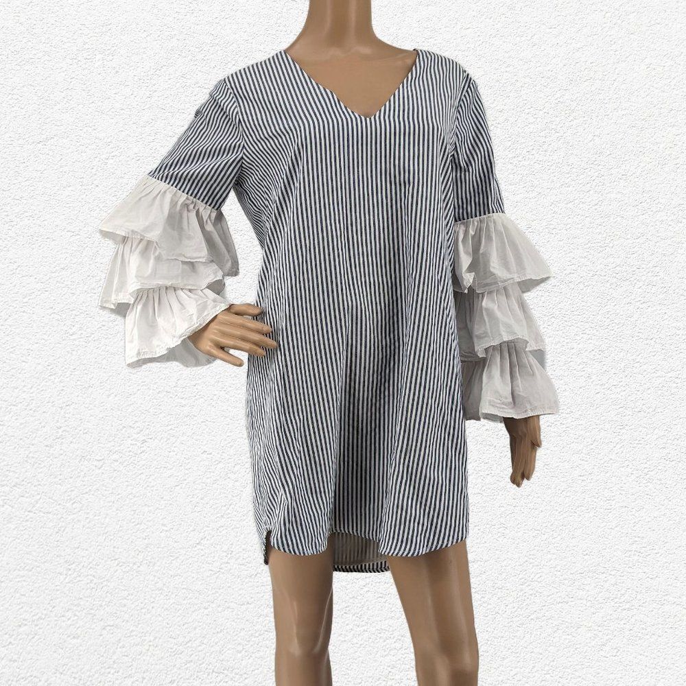 Wayf Pinstriped Dress Ruffle Puff Sleeve V Neck Office Size Medium